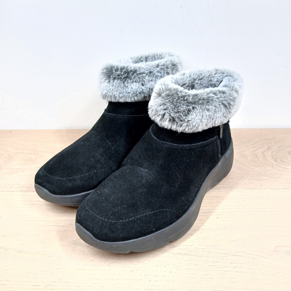 Skechers GOwalk Boots Women 10 Black Suede Faux Fur Ankle Zip Winter Comfort
